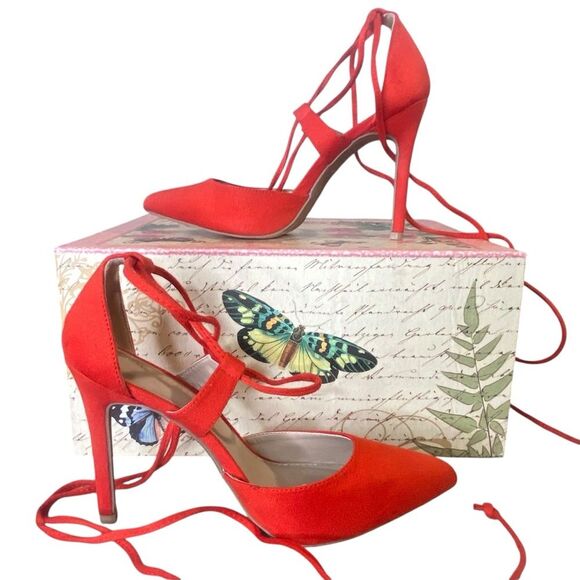 Christian Siriano for Payless Red Strappy Heels Pointed Toe Womens Size 6 - Picture 2 of 9